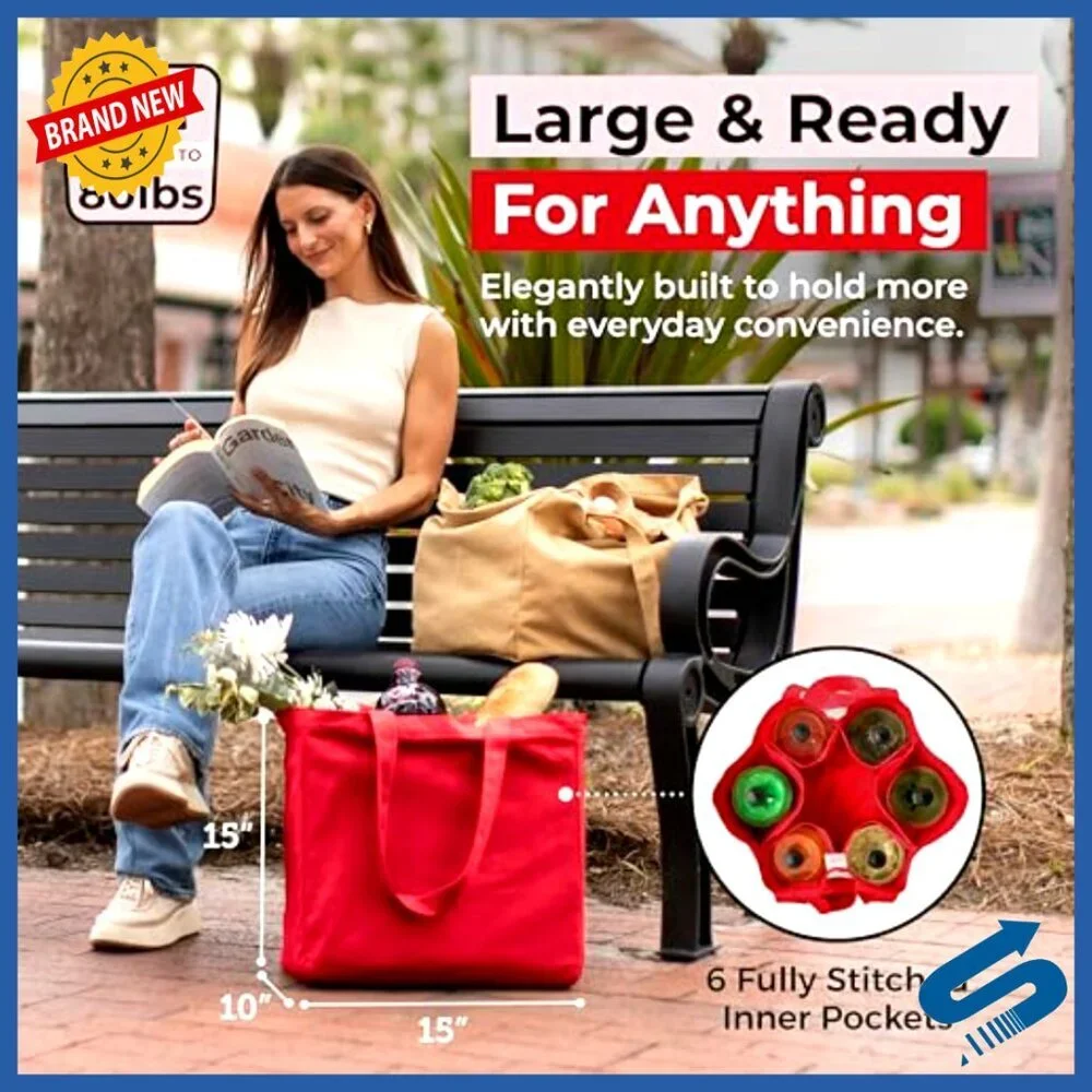 Heavy Duty Canvas Grocery Tote Set Foldable Washable Large Capacity Pockets